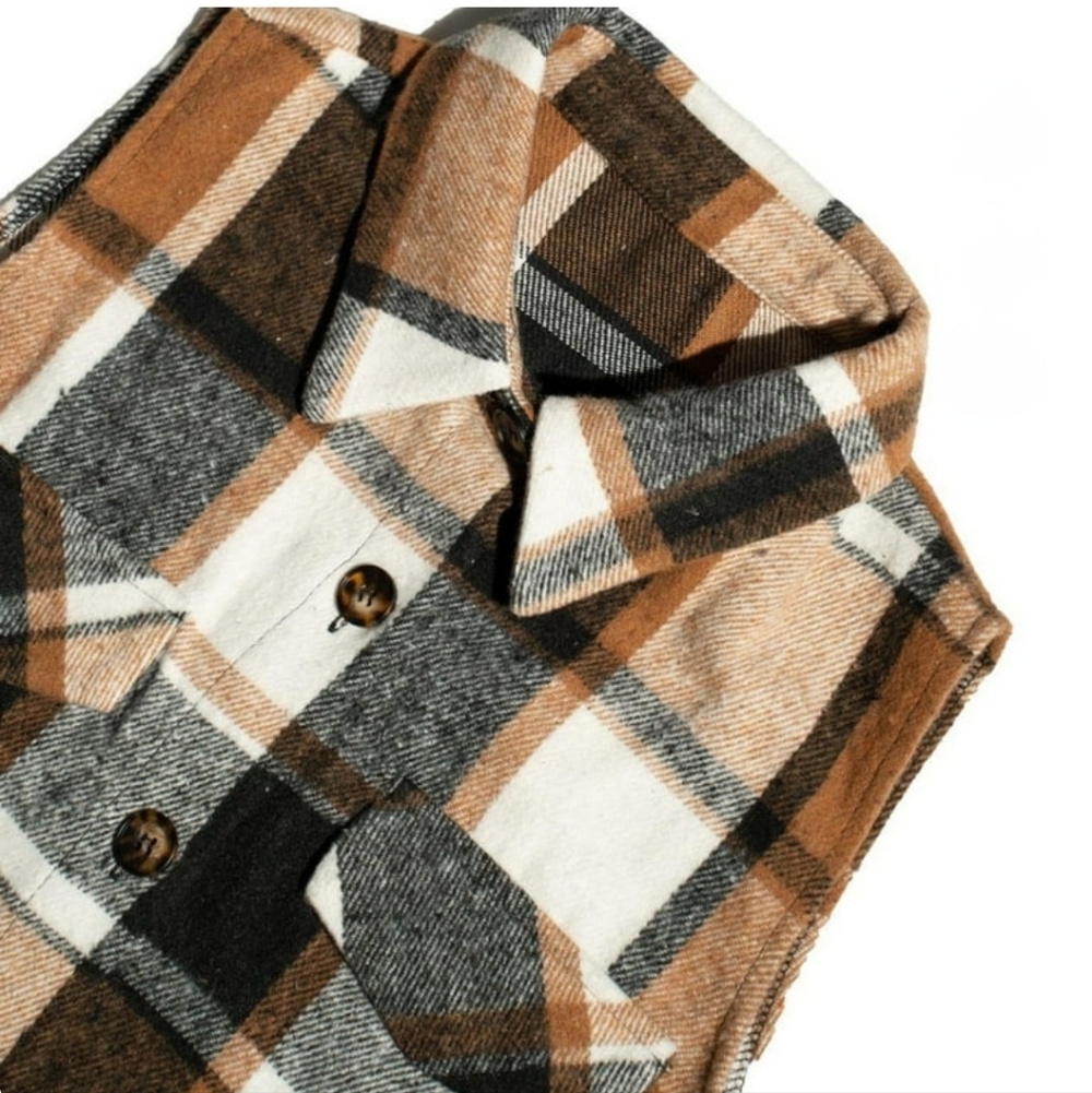 Precious Plaid Sleeveless Shirt/Vest/Shacket In Tan/Black/White - Picture 10 of 12